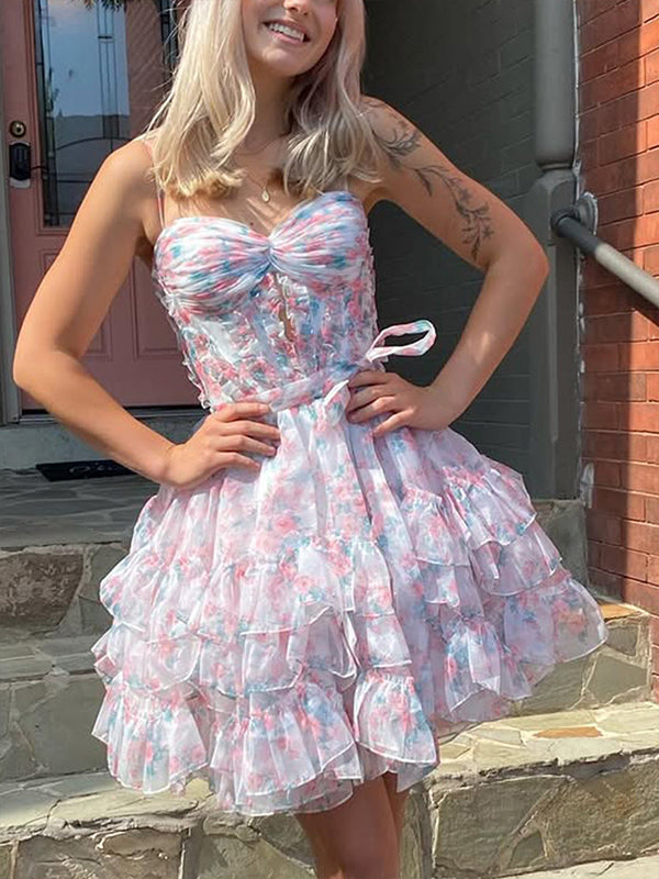Chiffon Printing Ruffle Mini Ball Gown Homecoming Dress With Bow - FashionDia
