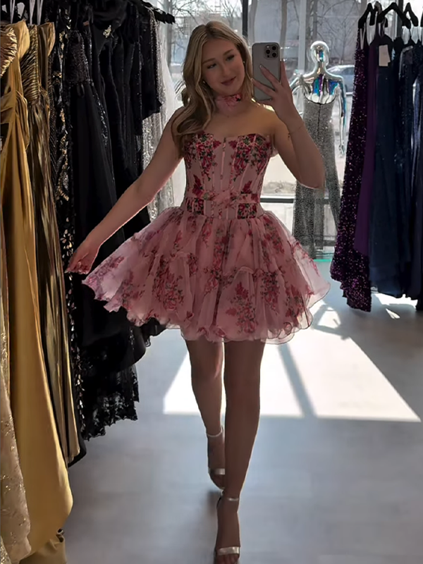 Corset Strapless A Line Short Homecoming Dress with Ruffles