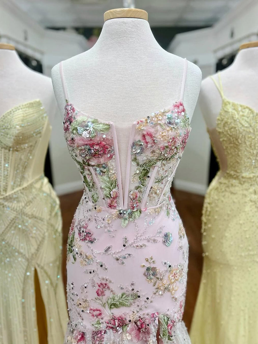 Pink Floral Embroidered Corset Prom Dress with Ruffled Tiers