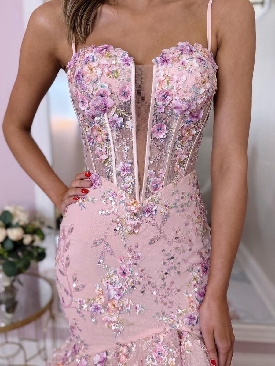 Pink Floral Embroidered Ruffled Tiered Corset Prom Dress with Slit