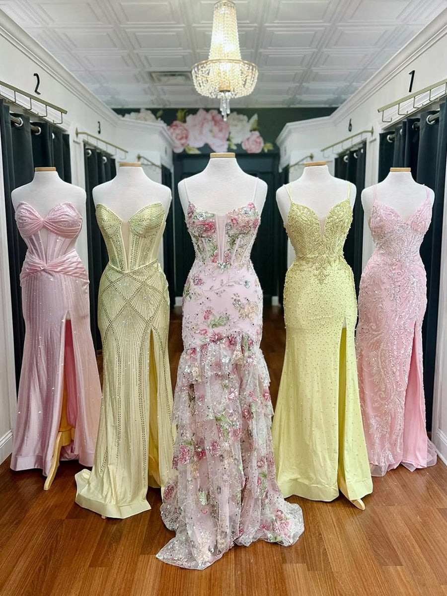 Pink Floral Embroidered Corset Prom Dress with Ruffled Tiers