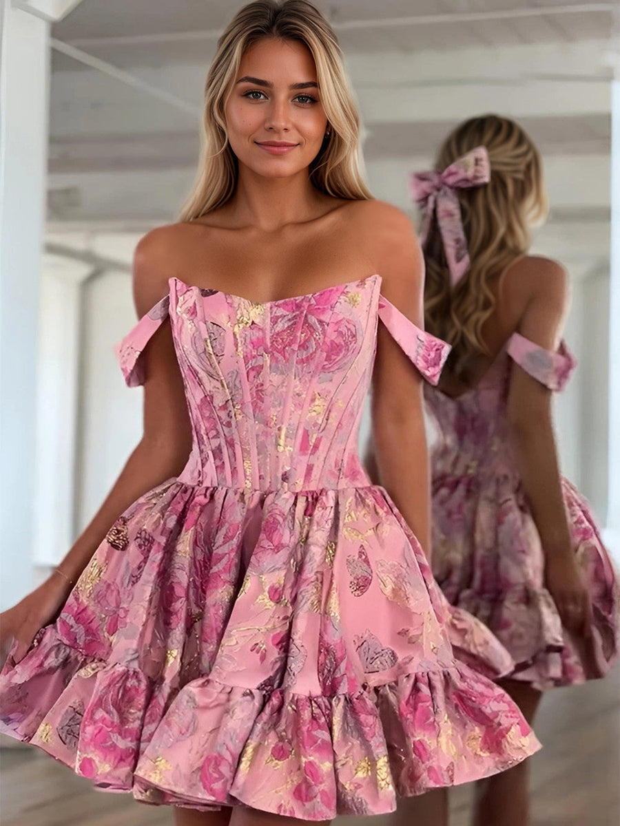 Floral Off-the-Shoulder Brocade Homecoming Dress with Ruffled - FashionDia