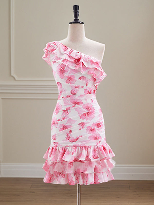 Floral Print One-Shoulder Short Tight Ruffle Homecoming Dress - FashionDia