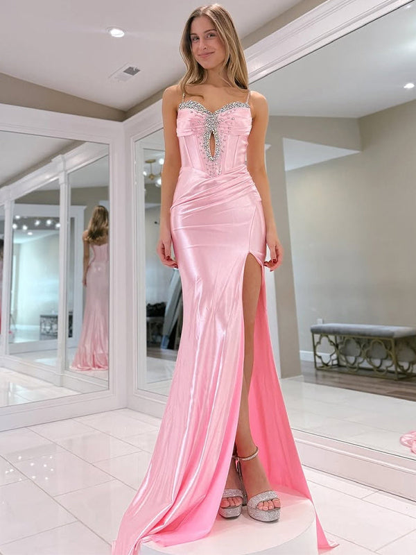 Pink Mermaid Spaghetti Straps V-Neck Beaded Long Prom Dress with Slit - FashionDia