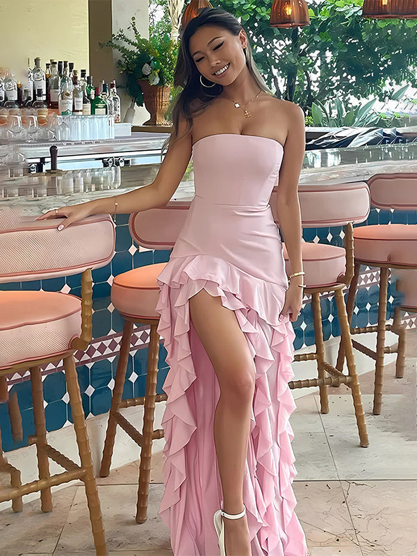 Pink Sheath Strapless Tiered Long Chiffon Prom Dress