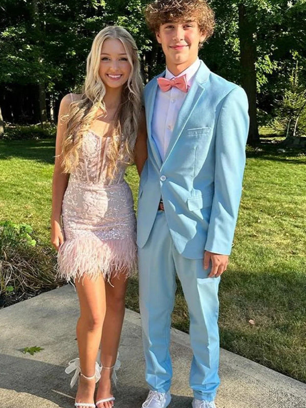Spaghetti Straps V Neck Lace Homecoming Dress with Feather