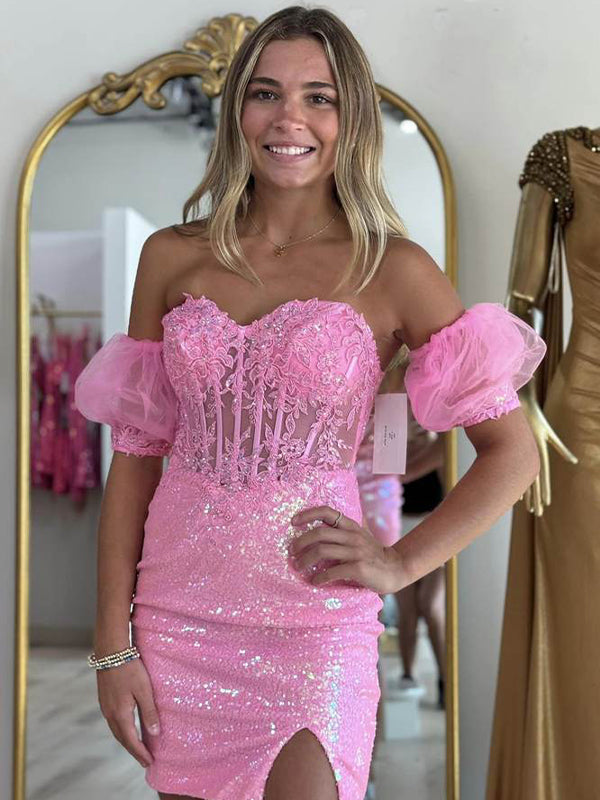 Strapless Applique Bodycon Homecoming Dress wiith Sleeves