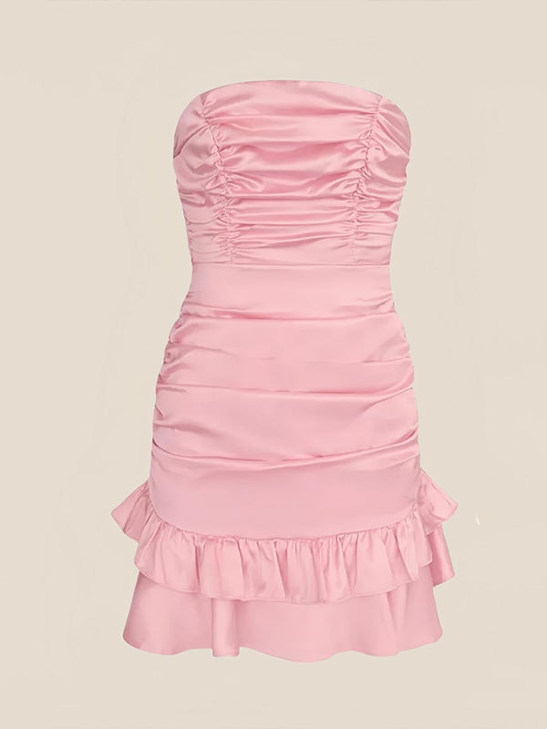 Strapless Ruched Bow Back Homecoming Dress with Ruffle