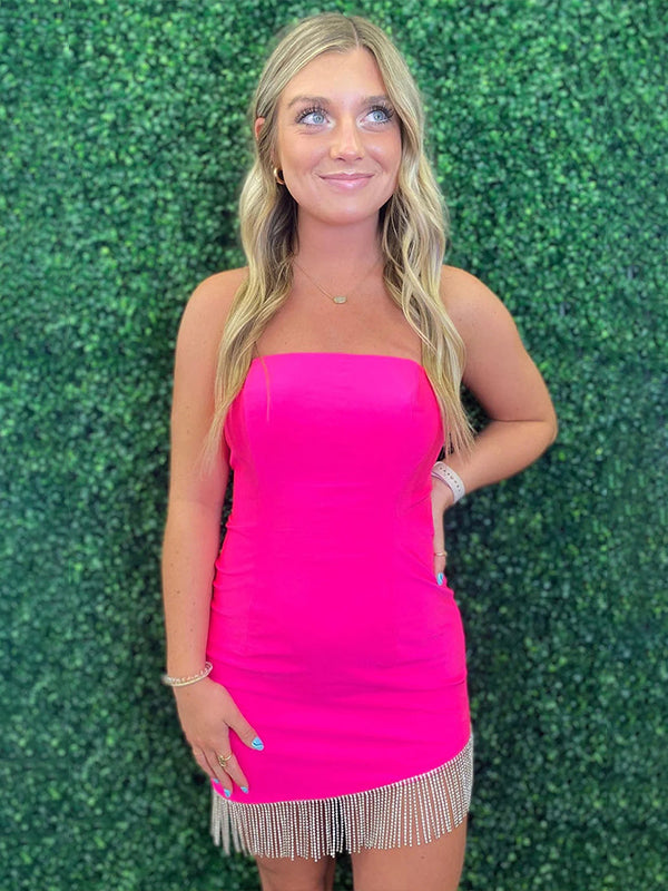 Pink Strapless Tight Short Homecoming Dress with Tassel