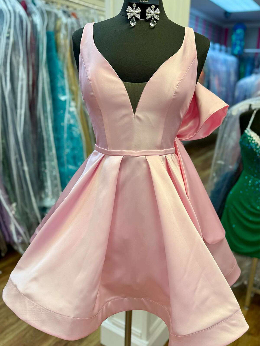V-Neck A Line Short Satin Homecoming Dress with Back Bow