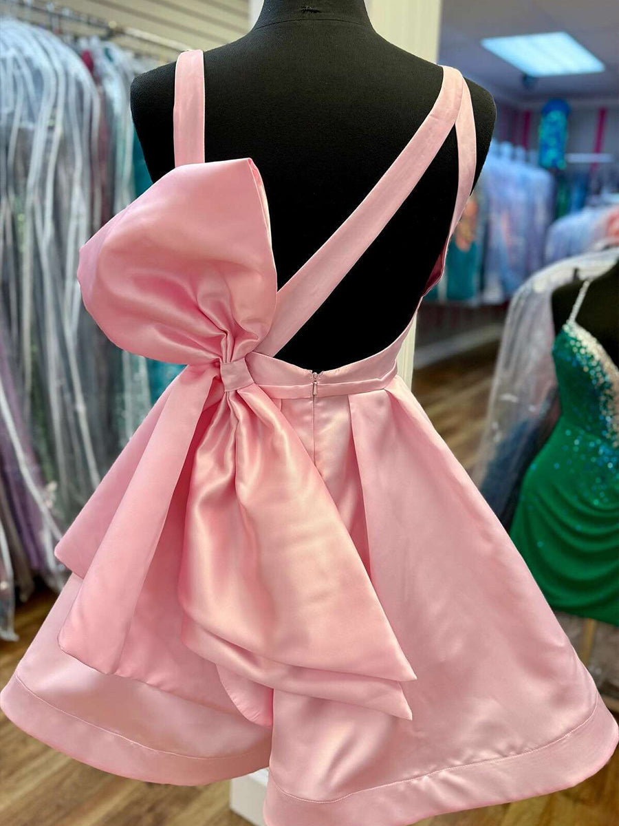 V-Neck A Line Short Satin Homecoming Dress with Back Bow