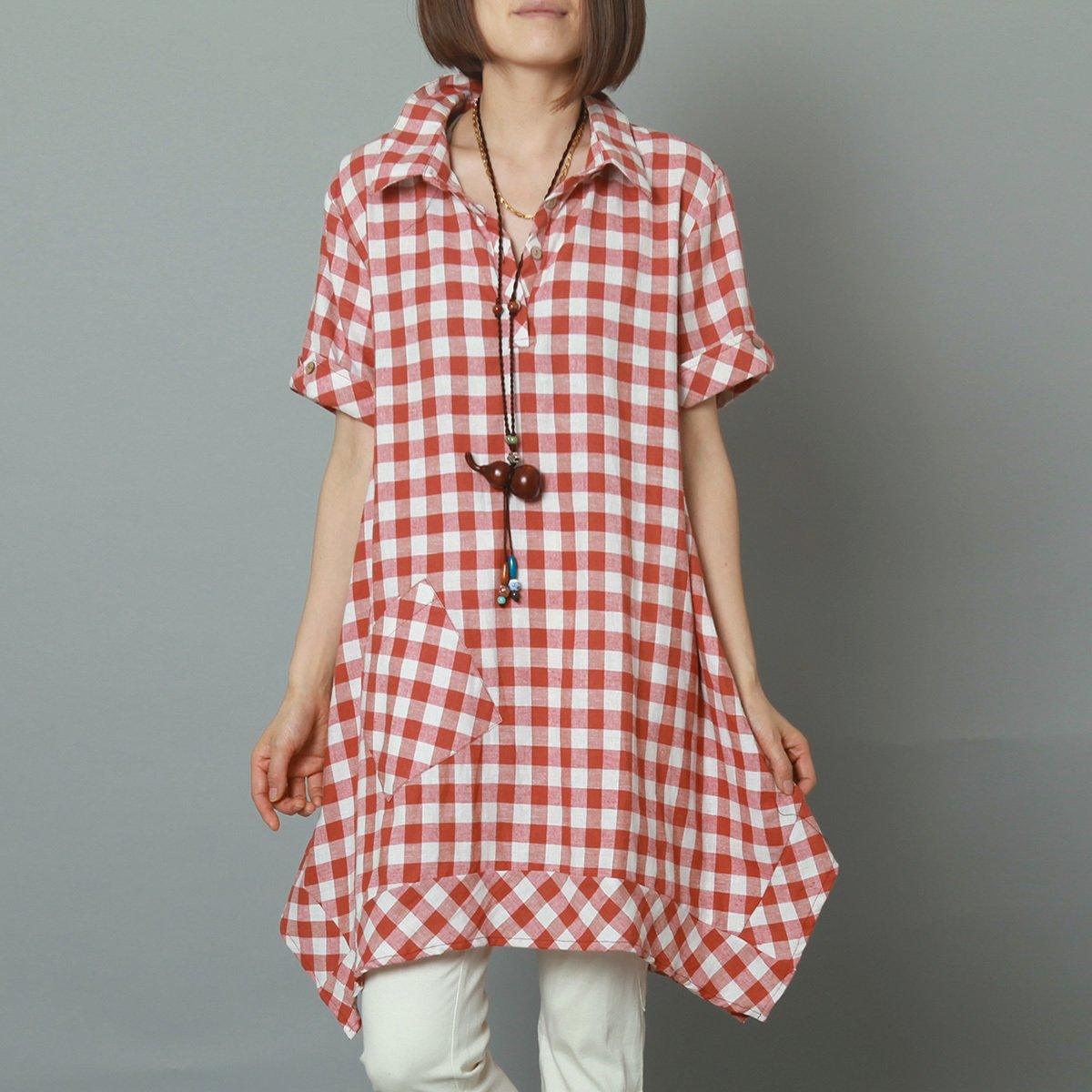 Pink plaid oversize linen sundress Grid summer cotton dress