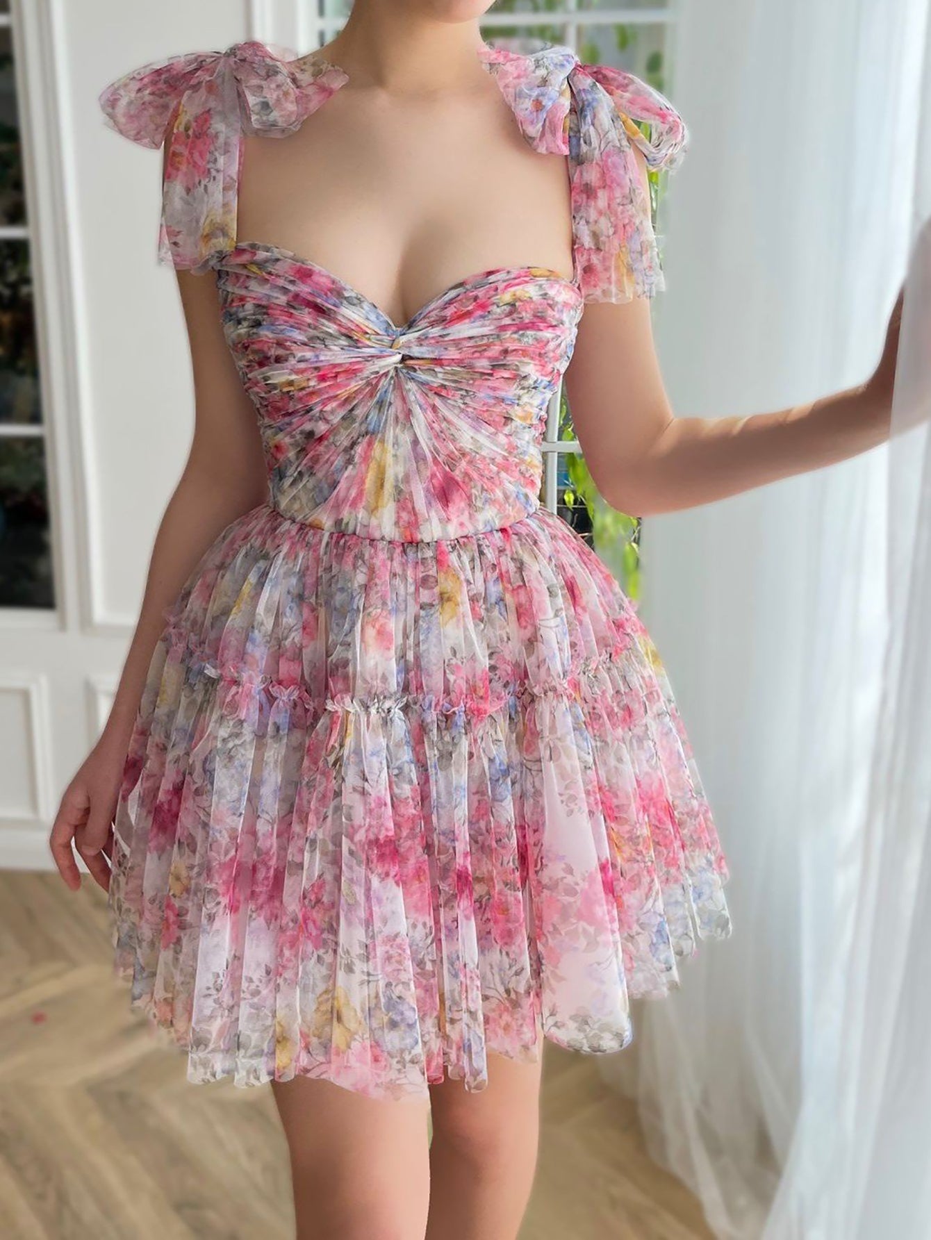 Pink Lace Up Sweetheart Neckline Floral Short Homecoming Dress - Fashionpara
