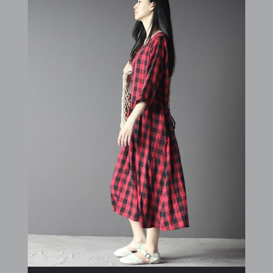 Plaid maxi dress cotton sundress linen three quarter sleeves in red and black