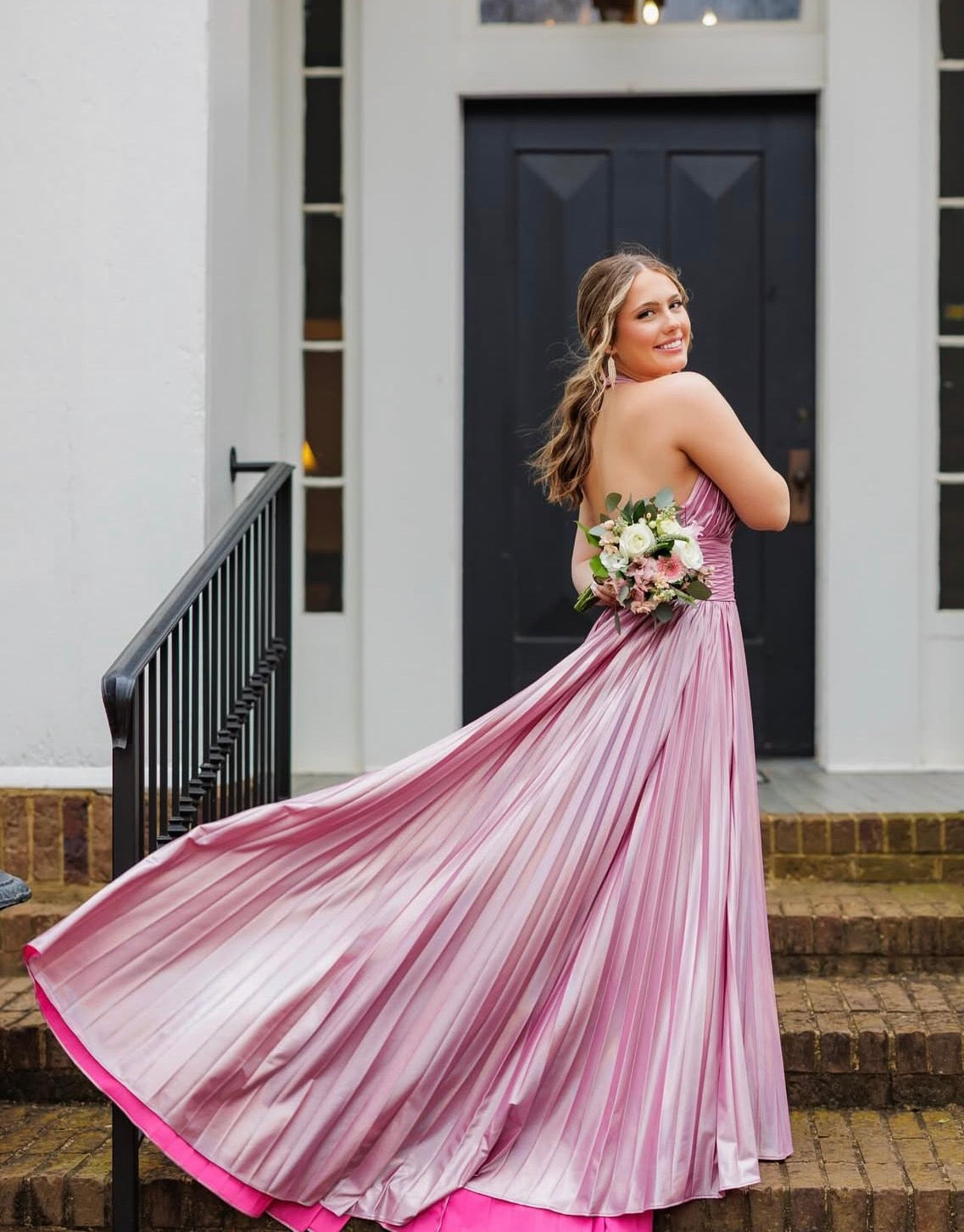 Pleated Halter A-Line Pink Open Back Formal Prom Dress Dress