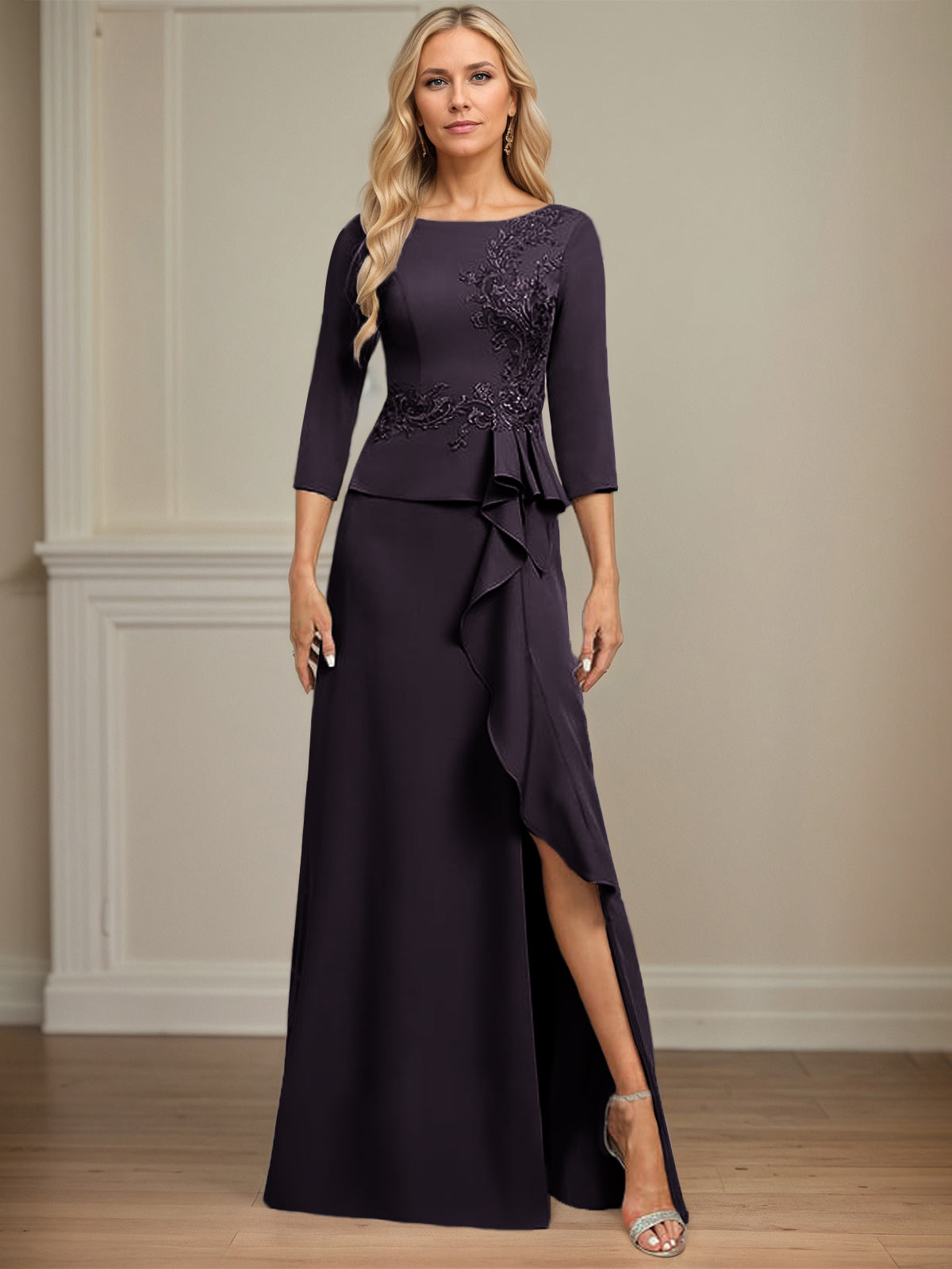 Sheath/Column Scoop Floor-Length Stretch Crepe Dress With Cascading Ruffles Appliques