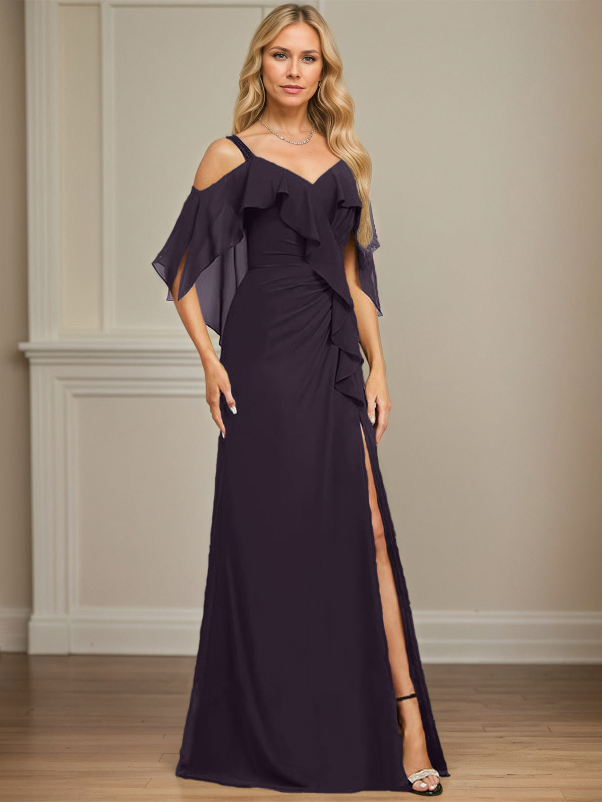 Sheath/Column Cold Shoulder V-Neck Floor-Length Chiffon Dress With Cascading Ruffles Sequins Beading