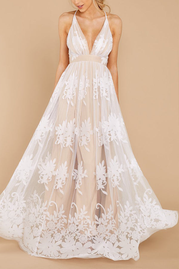 Plunge Neck Sleeveless Mesh Prom Dress - Fashionpara