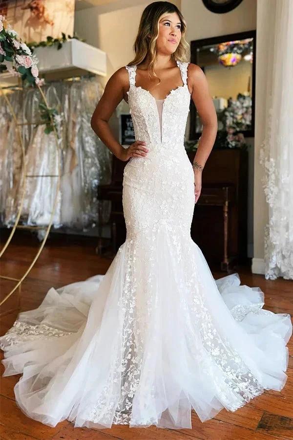 Plunging Neckline Ivory Off-the-Shoulder Mermaid Wedding Dress WD708 by pgmdress