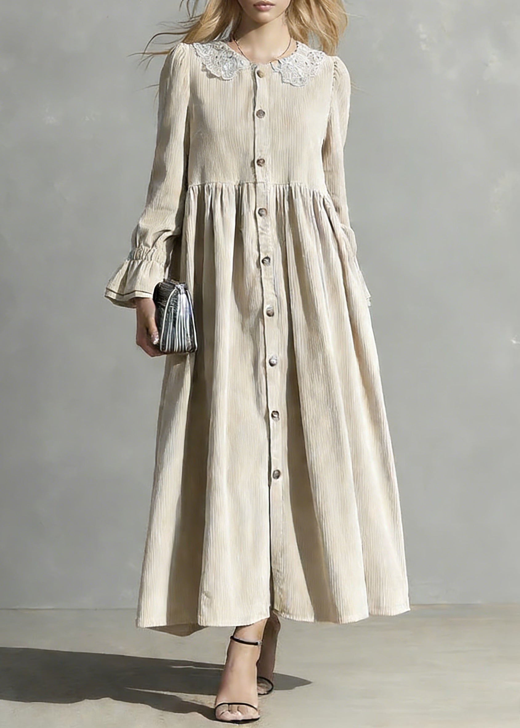 Plus Size Apricot Peter Pan Collar Button Corduroy Blouses Dresses Spring