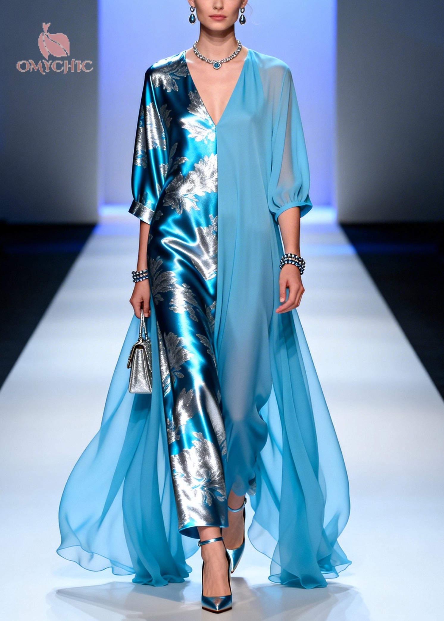 Plus Size Blue Asymmetrical Patchwork Chiffon Party Dress Summer