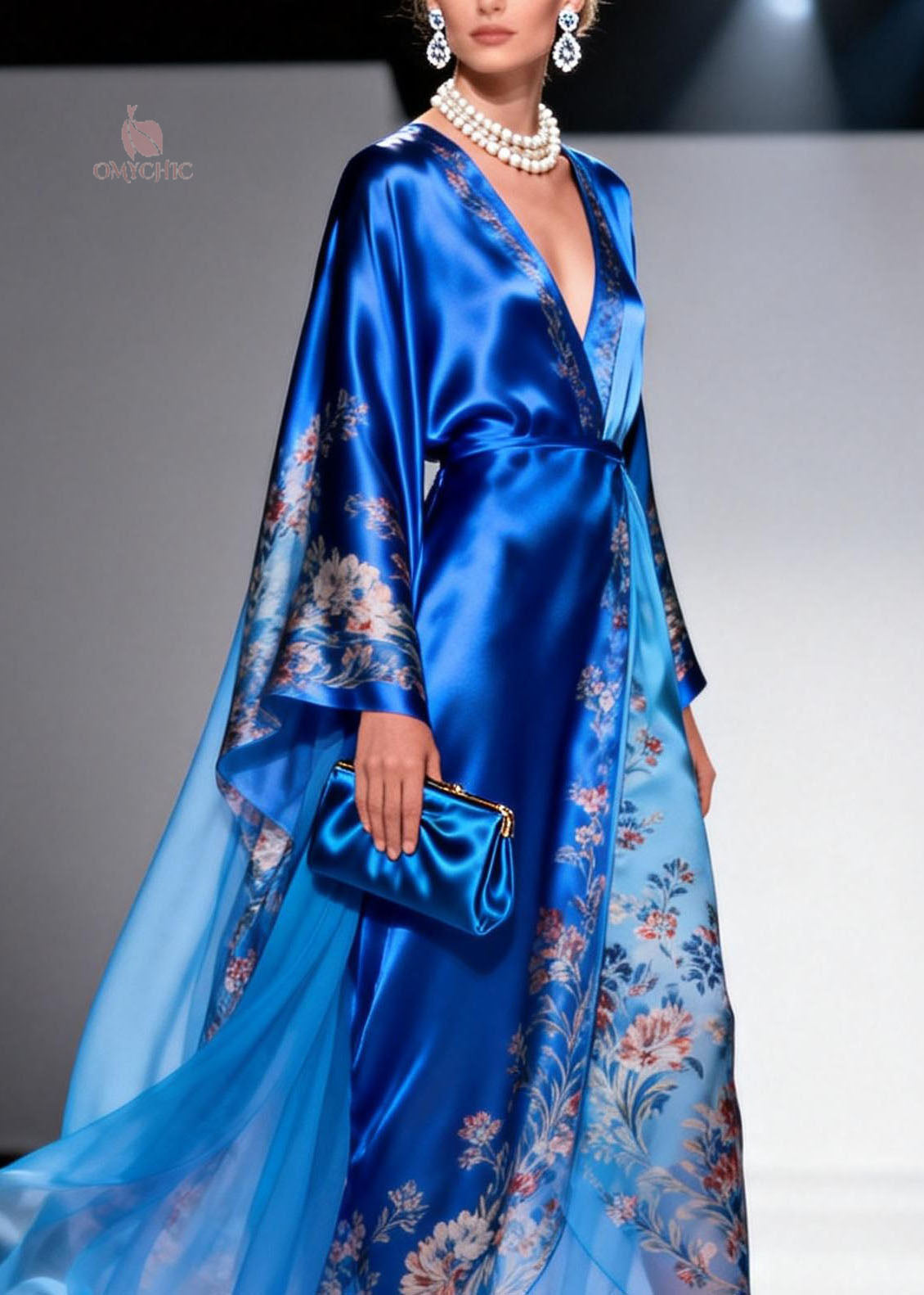 Plus Size Blue V Neck Print Patchwork Chiffon Dress Spring