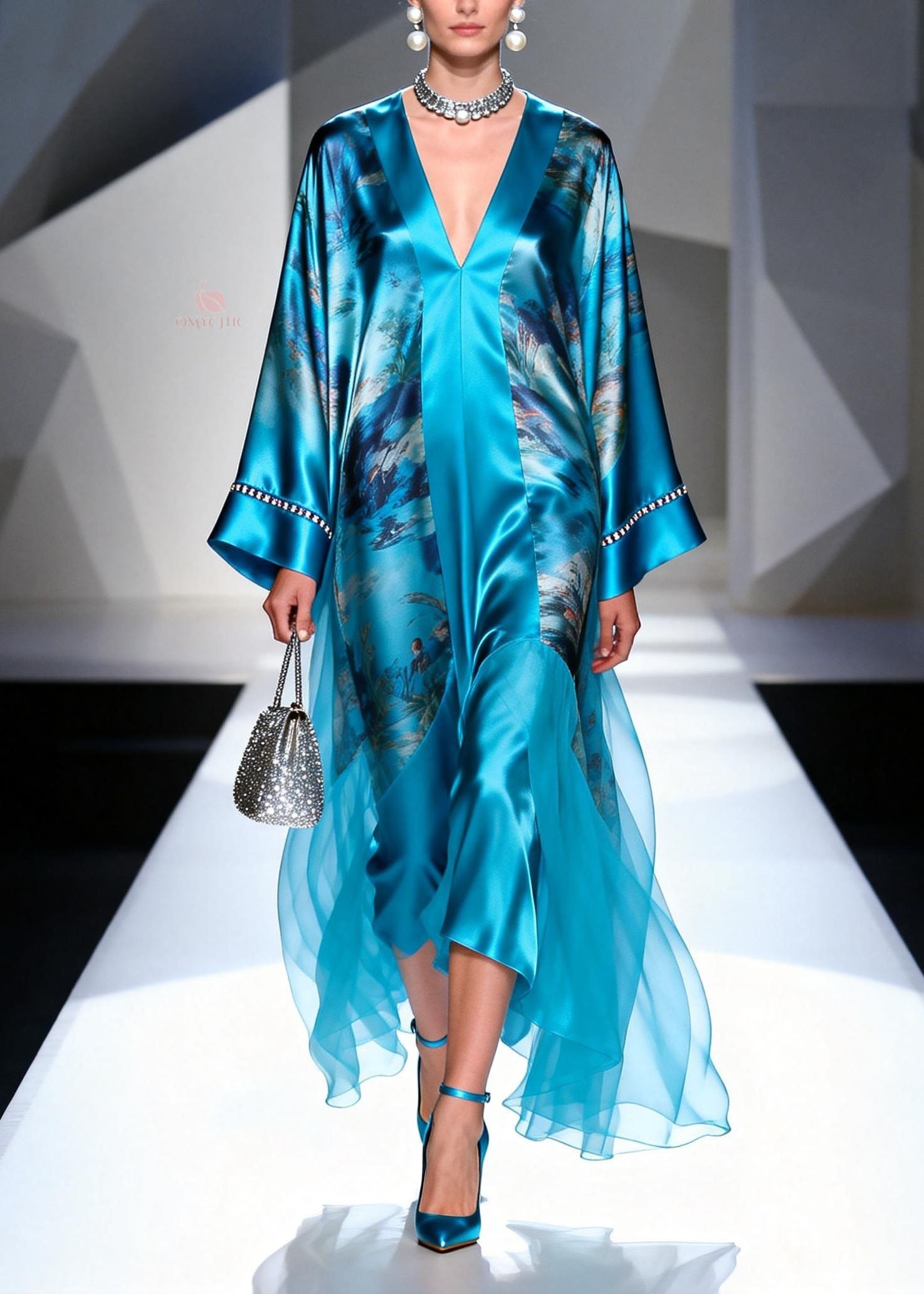 Plus Size Blue V Neck Print Zircon Silk Long Dress Spring