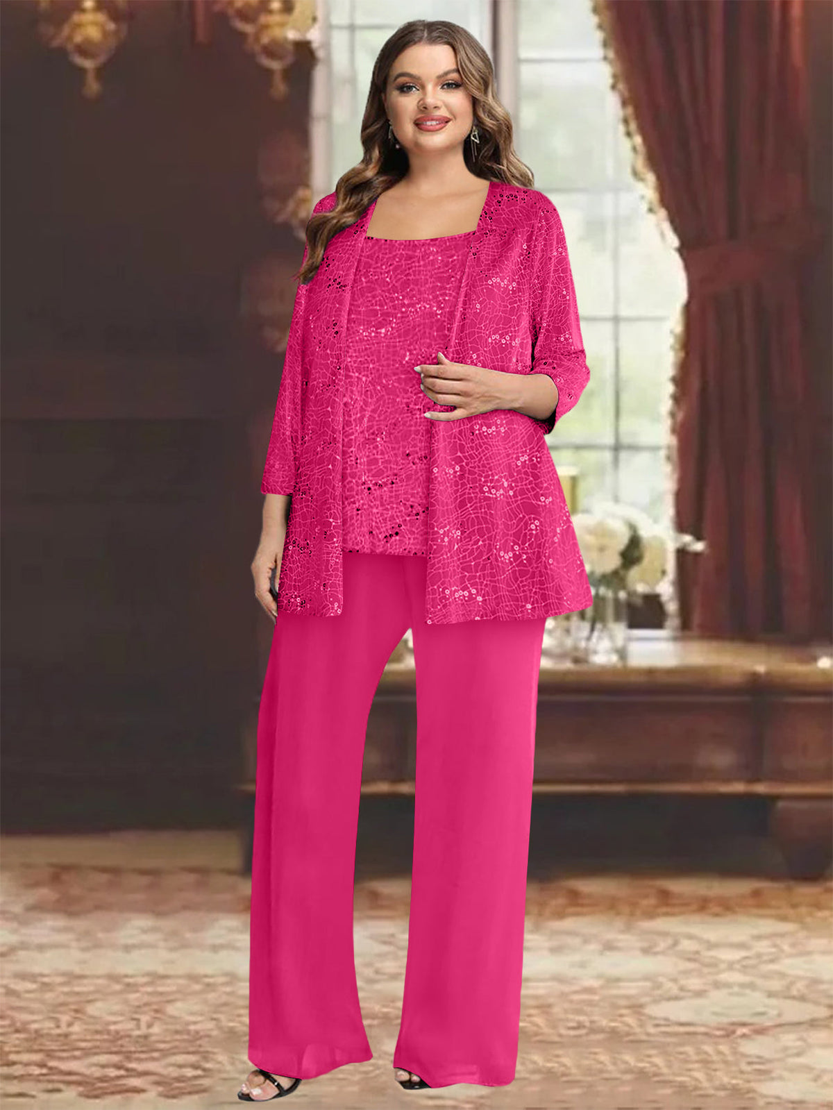 Plus Size Chiffon Mother of the Bride Pantsuit with Sequined Jacket