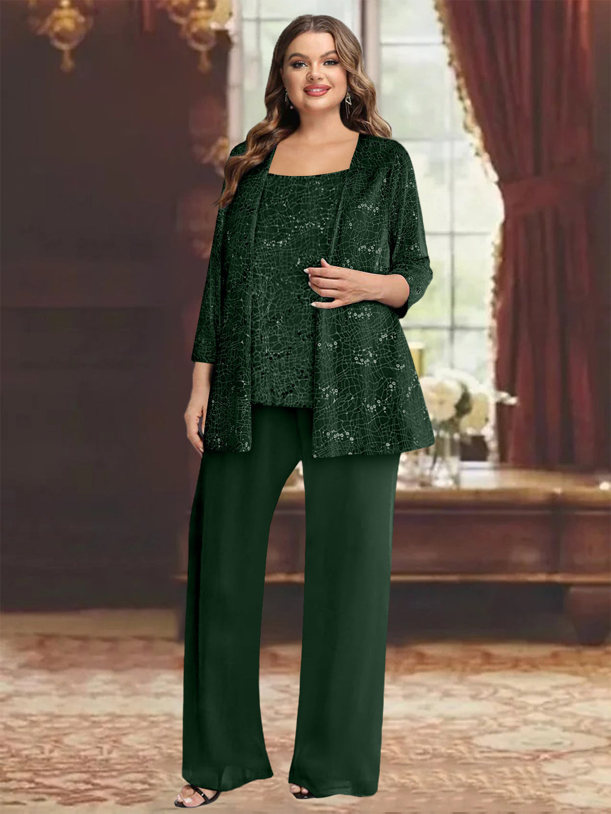 Plus Size Chiffon Mother of the Bride Pantsuit with Sequined Jacket