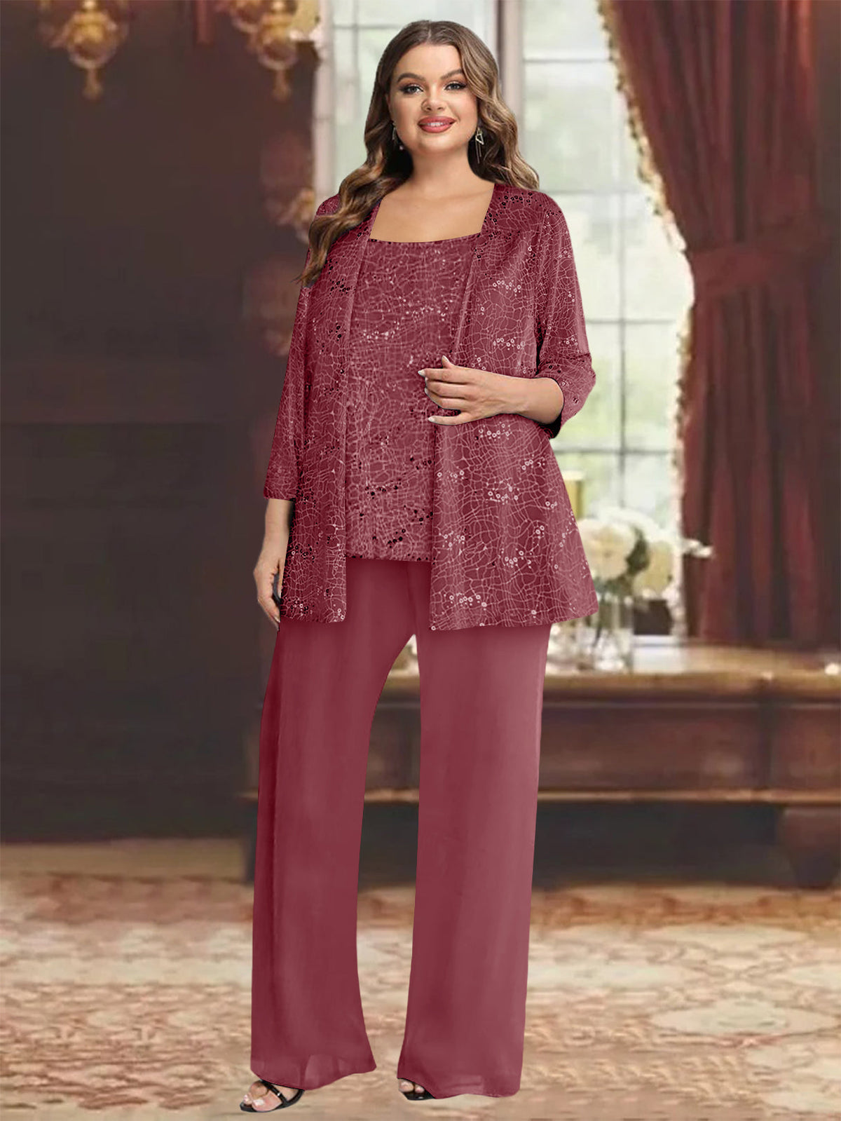 Plus Size Chiffon Mother of the Bride Pantsuit with Sequined Jacket