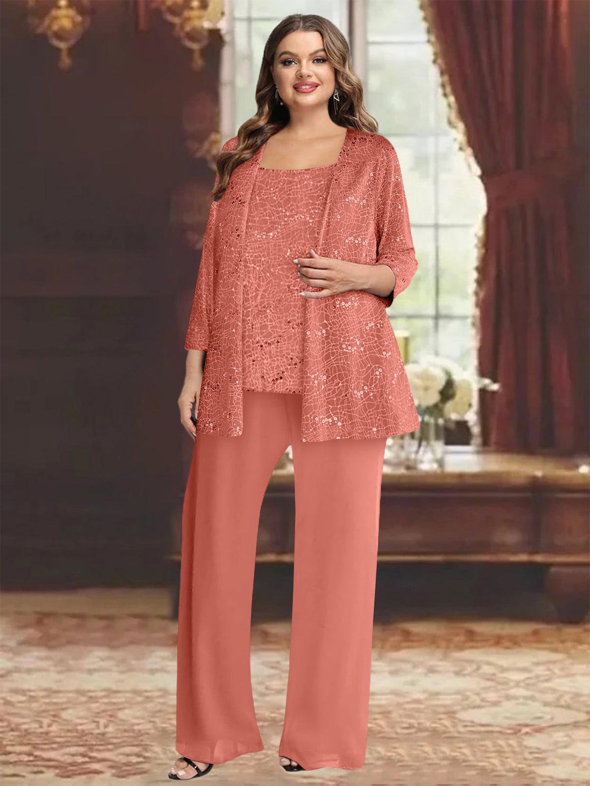 Plus Size Chiffon Mother of the Bride Pantsuit with Sequined Jacket