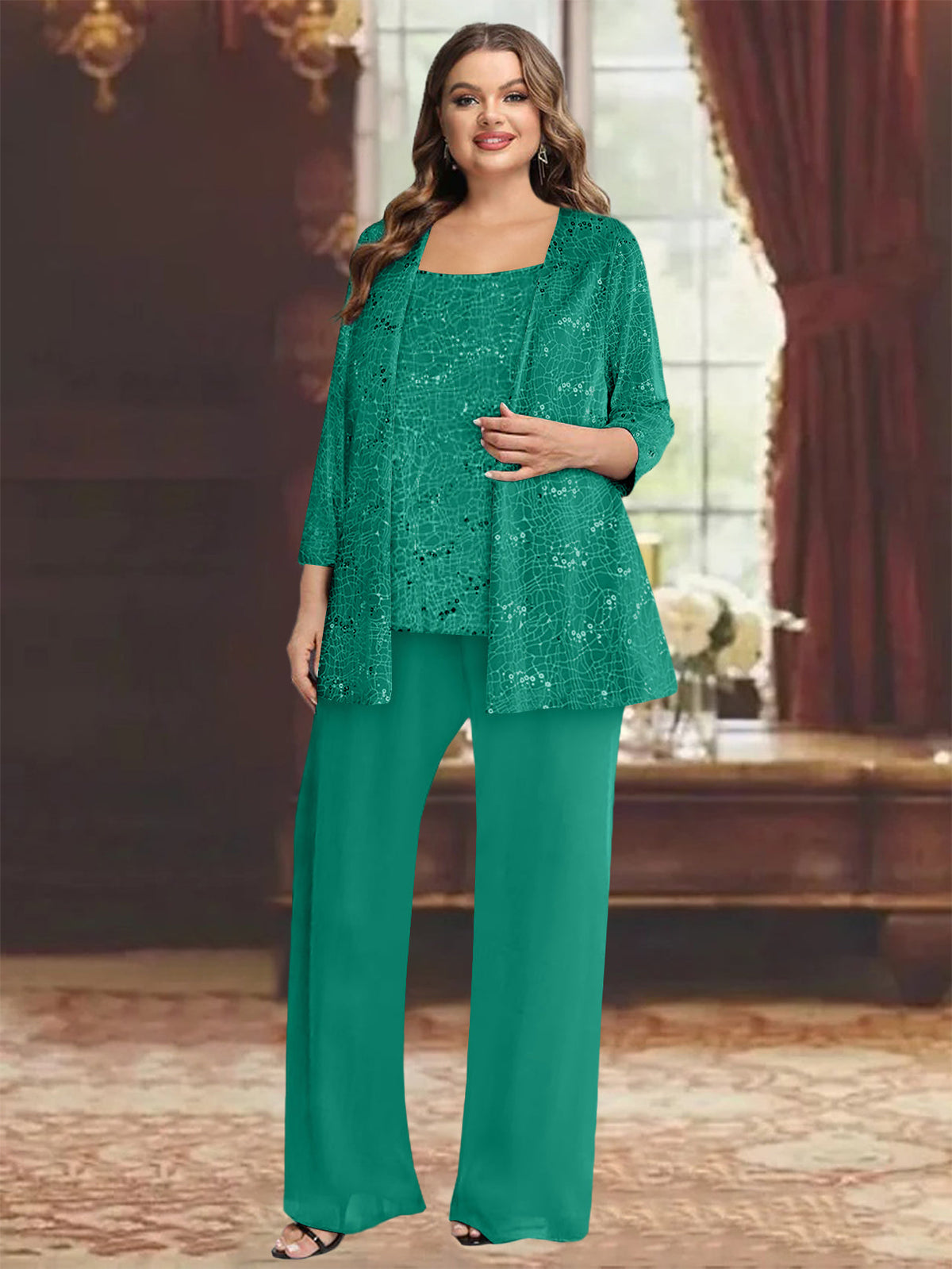 Plus Size Chiffon Mother of the Bride Pantsuit with Sequined Jacket