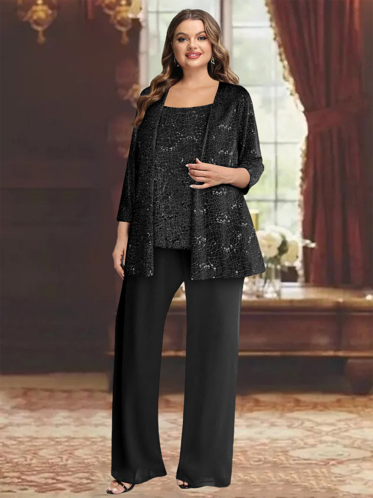 Plus Size Chiffon Mother of the Bride Pantsuit with Sequined Jacket