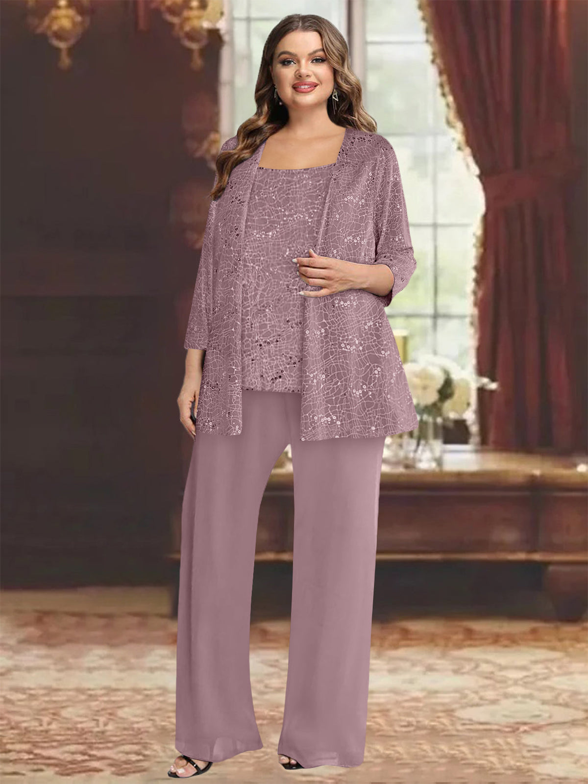 Plus Size Chiffon Mother of the Bride Pantsuit with Sequined Jacket