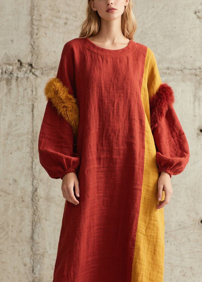 Plus Size Colorblock O Neck Fuzzy Fur Patchwork Cotton Dress Fall