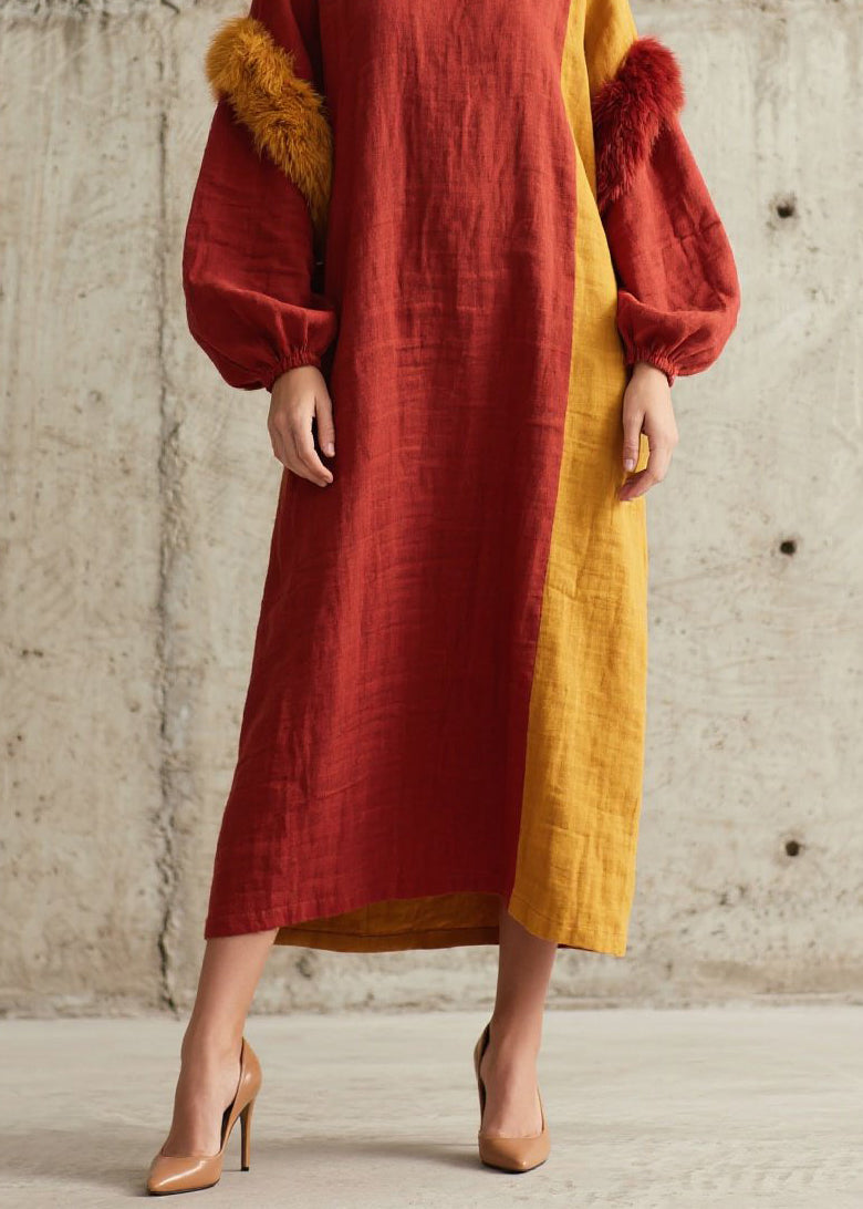 Plus Size Colorblock O Neck Fuzzy Fur Patchwork Cotton Dress Fall