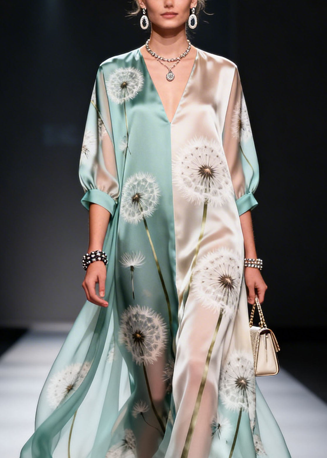 Plus Size Colorblock V Neck Print Chiffon Maxi Dresses Summer
