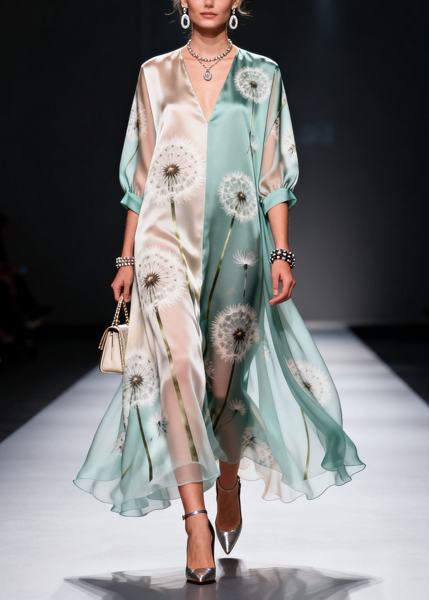 Plus Size Colorblock V Neck Print Chiffon Maxi Dresses Summer