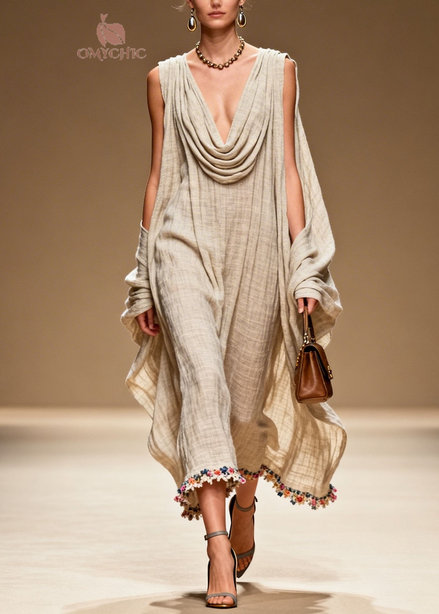 Plus Size Draped Neckline Floral Patchwork Linen Dress Summer
