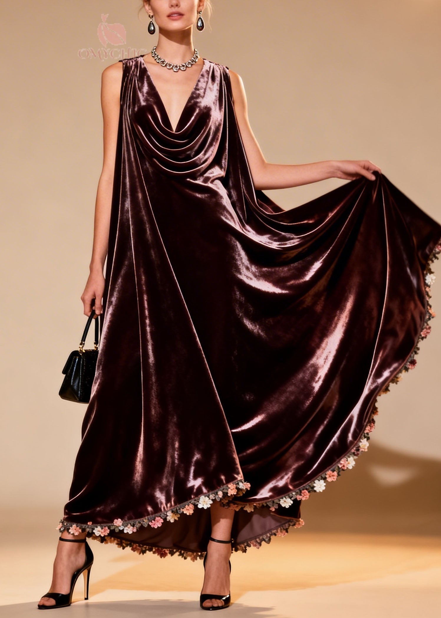 Plus Size Draped Neckline Floral Patchwork Velvet Dress Sleeveless