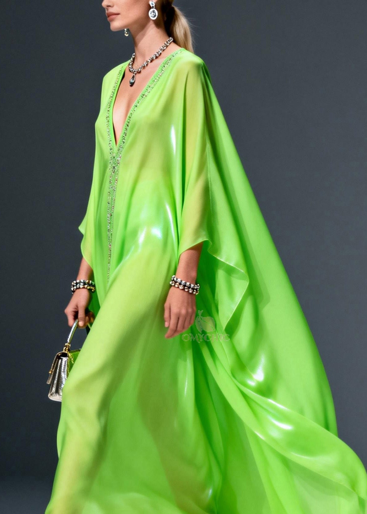 Plus Size Fluorescent Green V Neck Zircon Chiffon Long Dress Spring