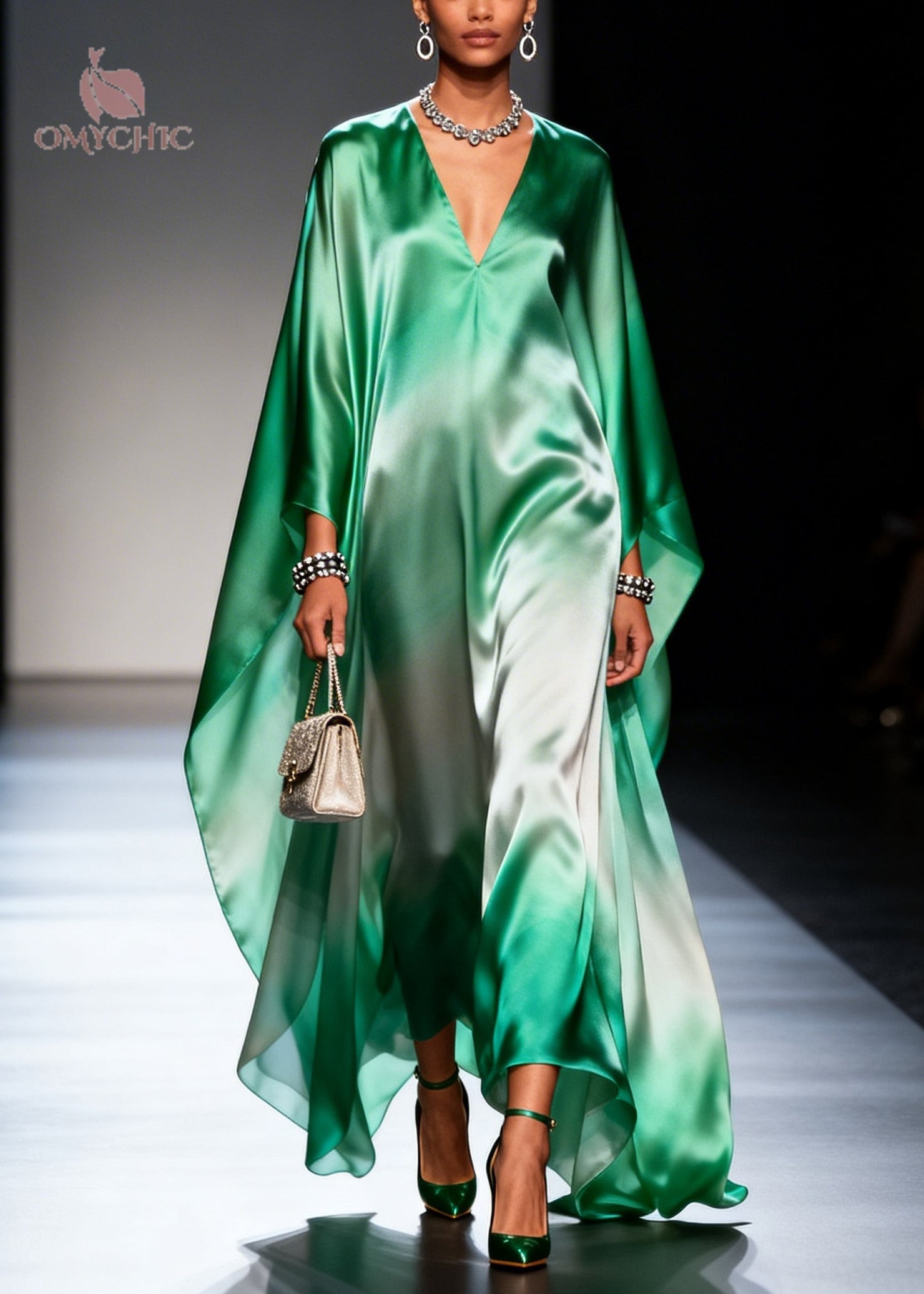 Plus Size Gradient Green Oversized Chiffon Maxi Dress Batwing Sleeve