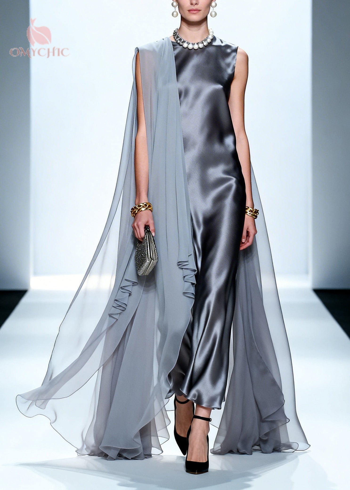 Plus Size Grey Oversized Patchwork Chiffon Maxi Dress Summer
