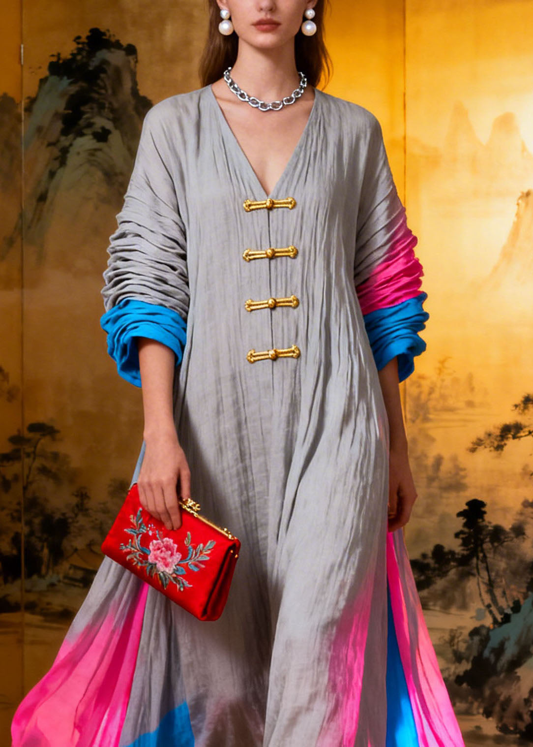 Plus Size New Colorblock V Neck Patchwork Cotton Dress Summer