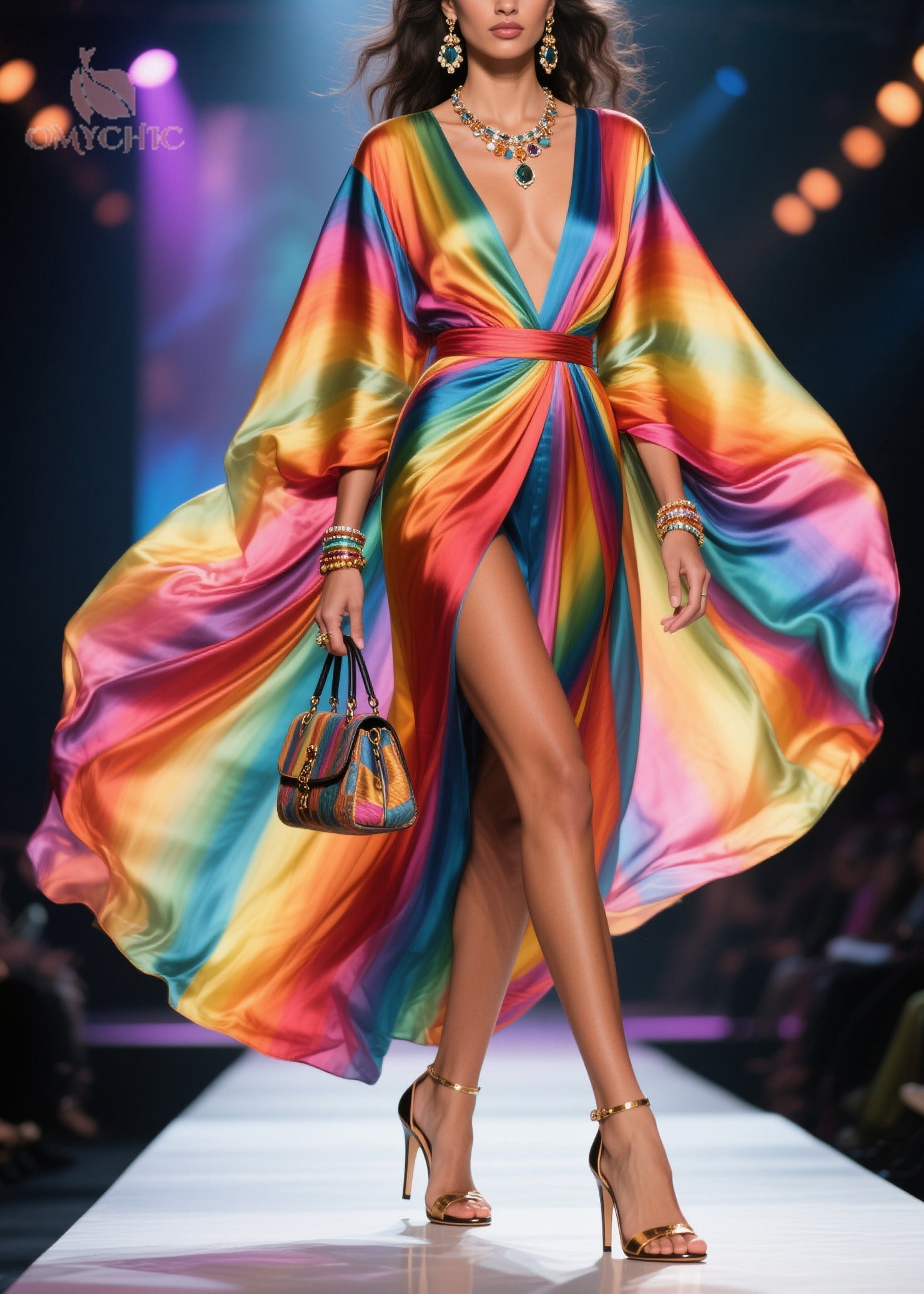 Plus Size Rainbow V Neck Exra Large Hem Chiffon Holiday Dress Summer