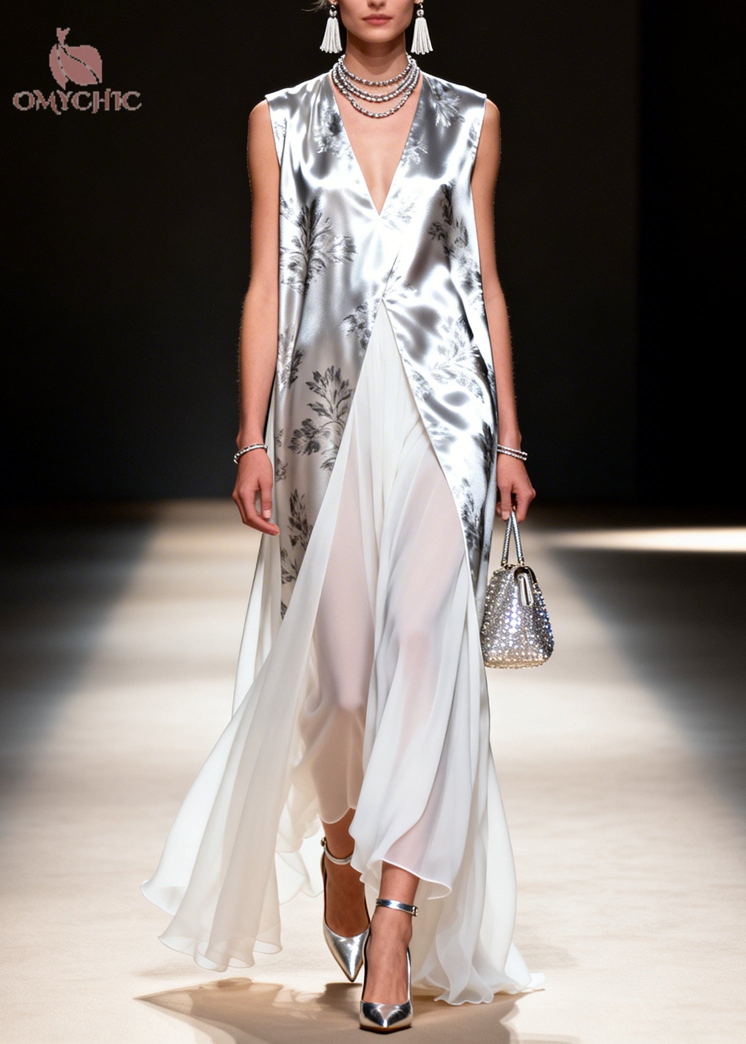 Plus Size Silvery Print Patchwork Chiffon Fake Two Piece Dress Sleeveless
