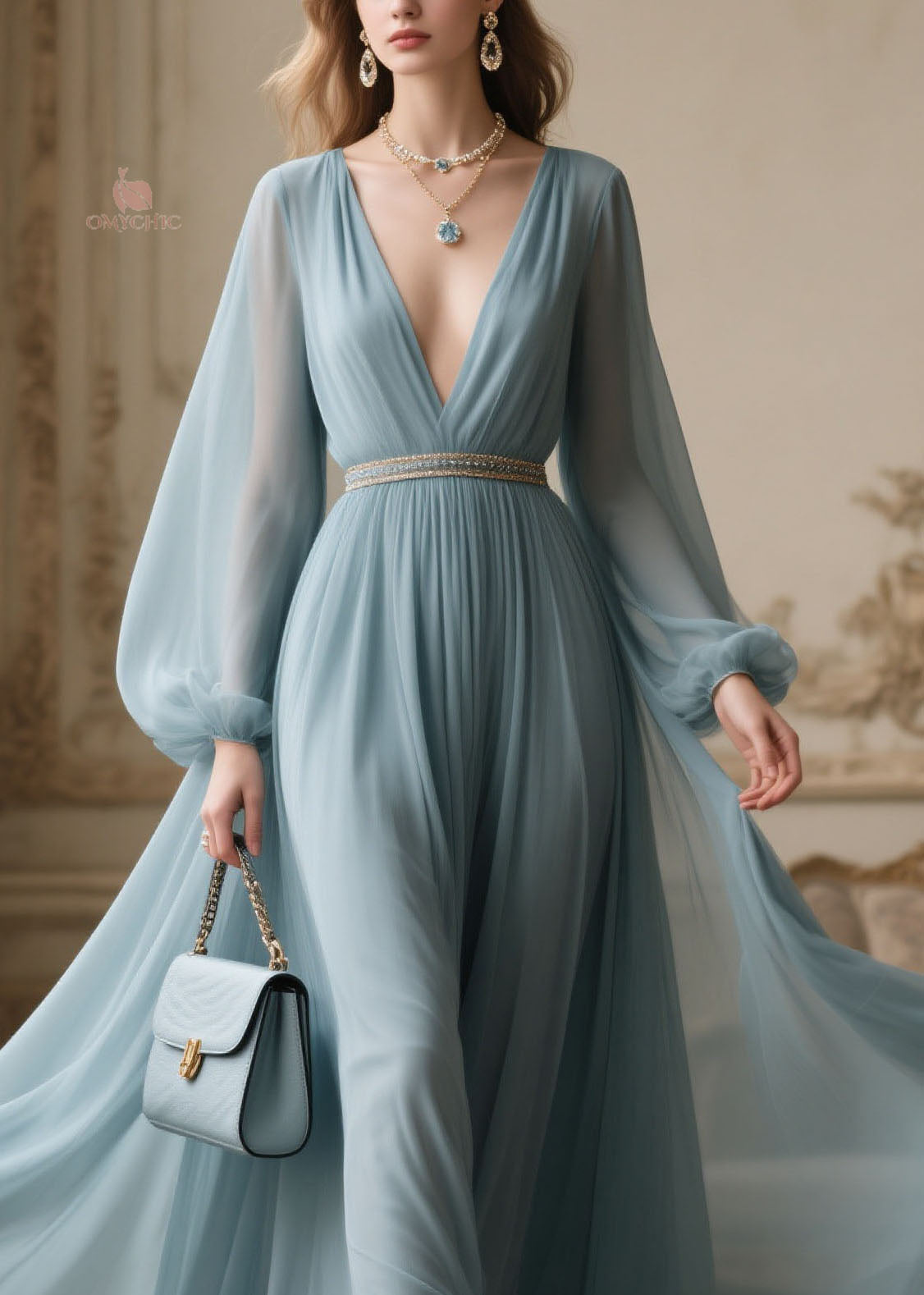 Plus Size V Neck Zircon Patchwork Chiffon Dresses Spring
