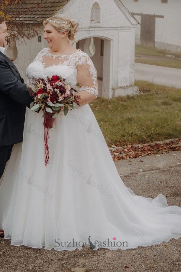 Plus Size Wedding Dress A Line Bateau Neck Half Sleeve Bridal Gown with Lace