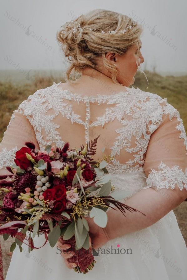 Plus Size Wedding Dress A Line Bateau Neck Half Sleeve Bridal Gown with Lace