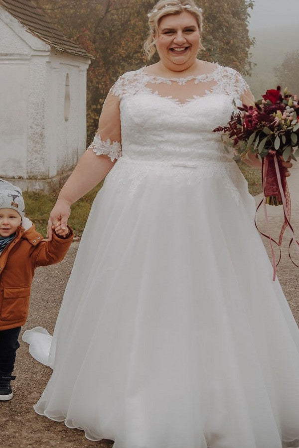 Plus Size Wedding Dress A Line Bateau Neck Half Sleeve Bridal Gown with Lace